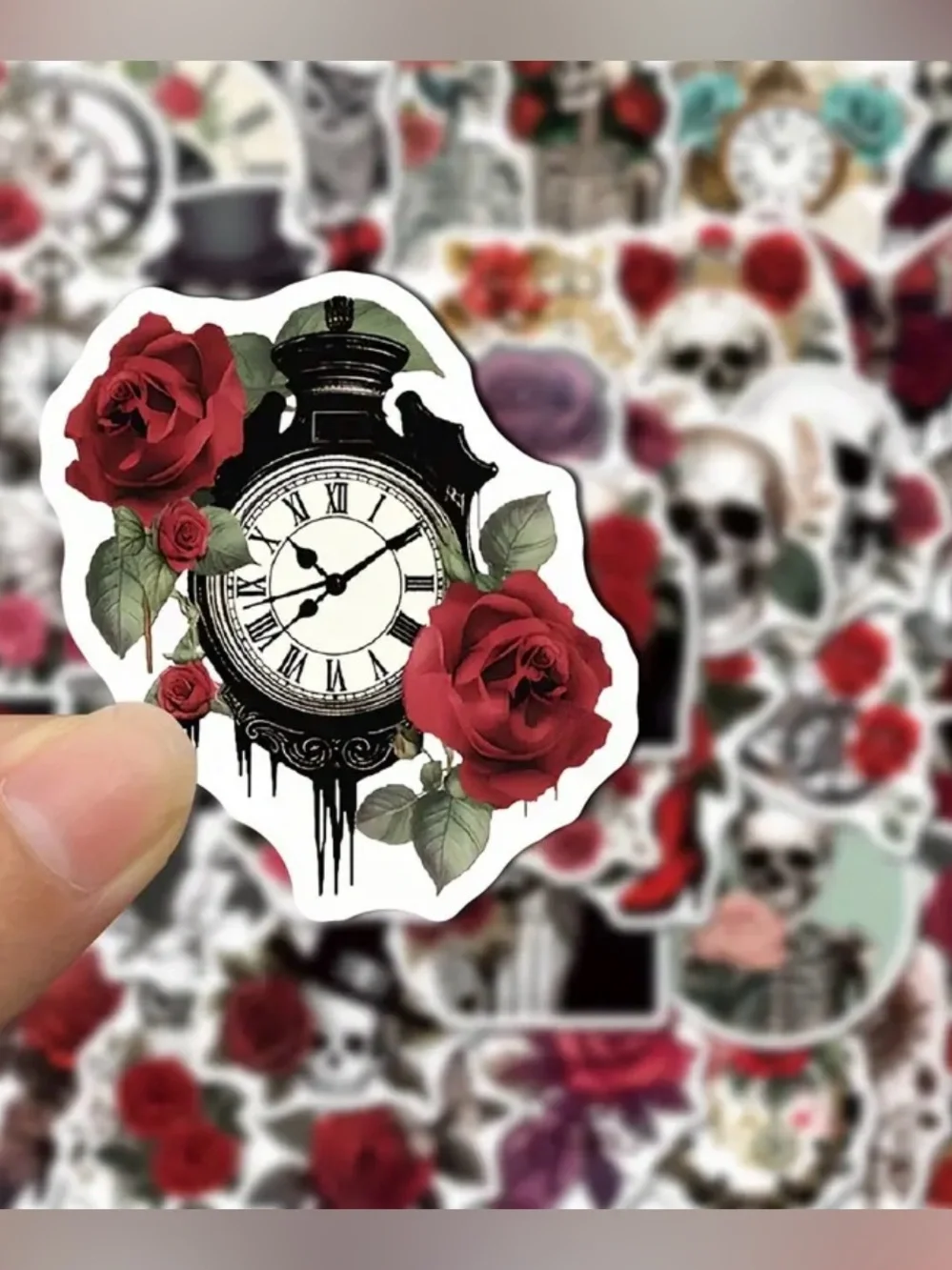 50 Gothic Vintage Skull & Rose Stickers Halloween Black Red Skeletons Flowers